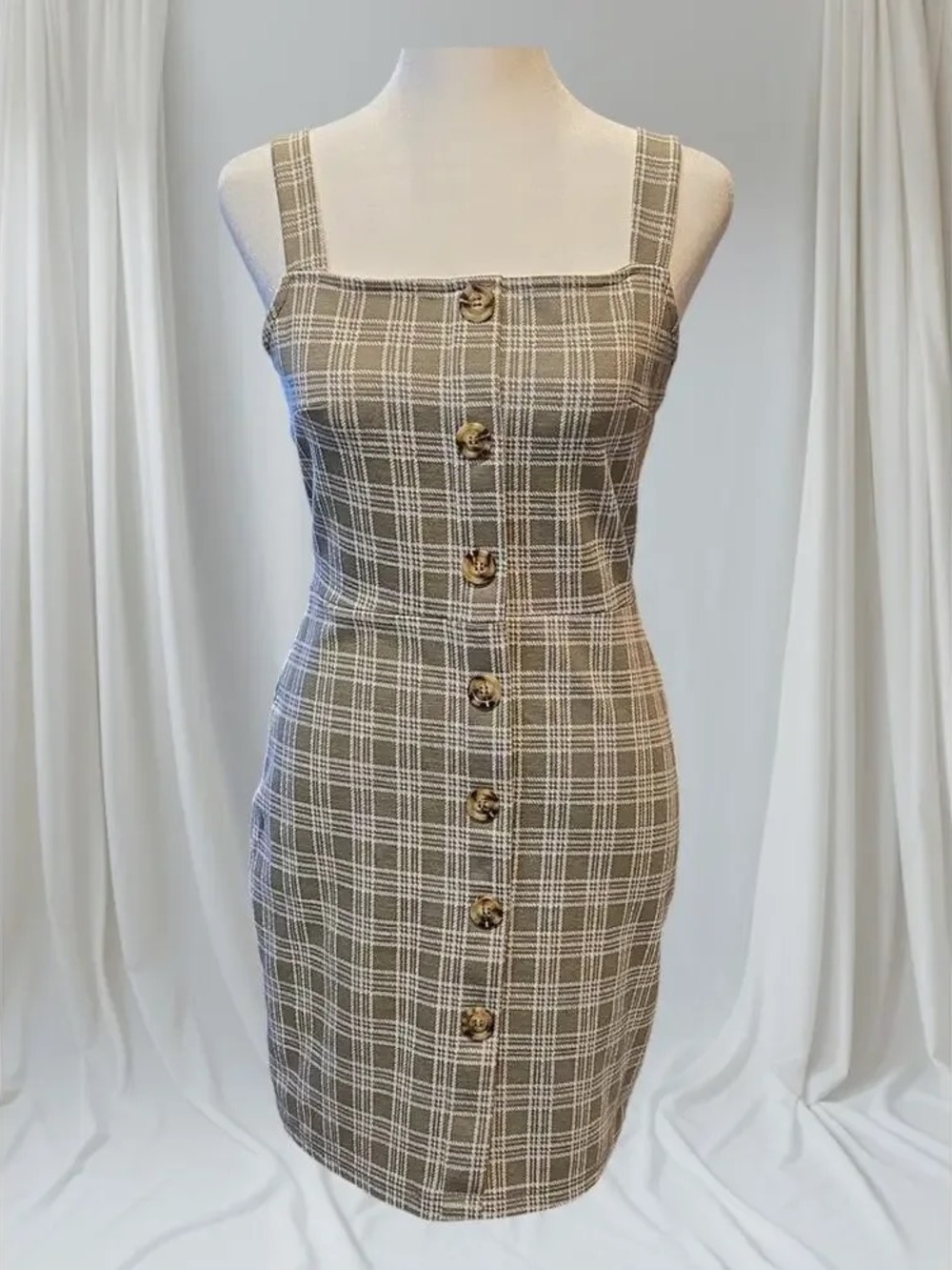 Classic Plaid Button-Front Bodycon Dress in Taupe